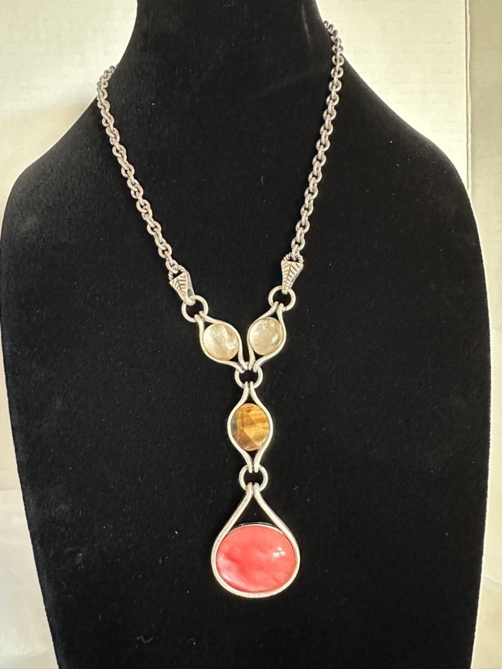 Lia Sophia Silver-Tone Necklace with Coral Drop, Amber & Pearl Pendant.